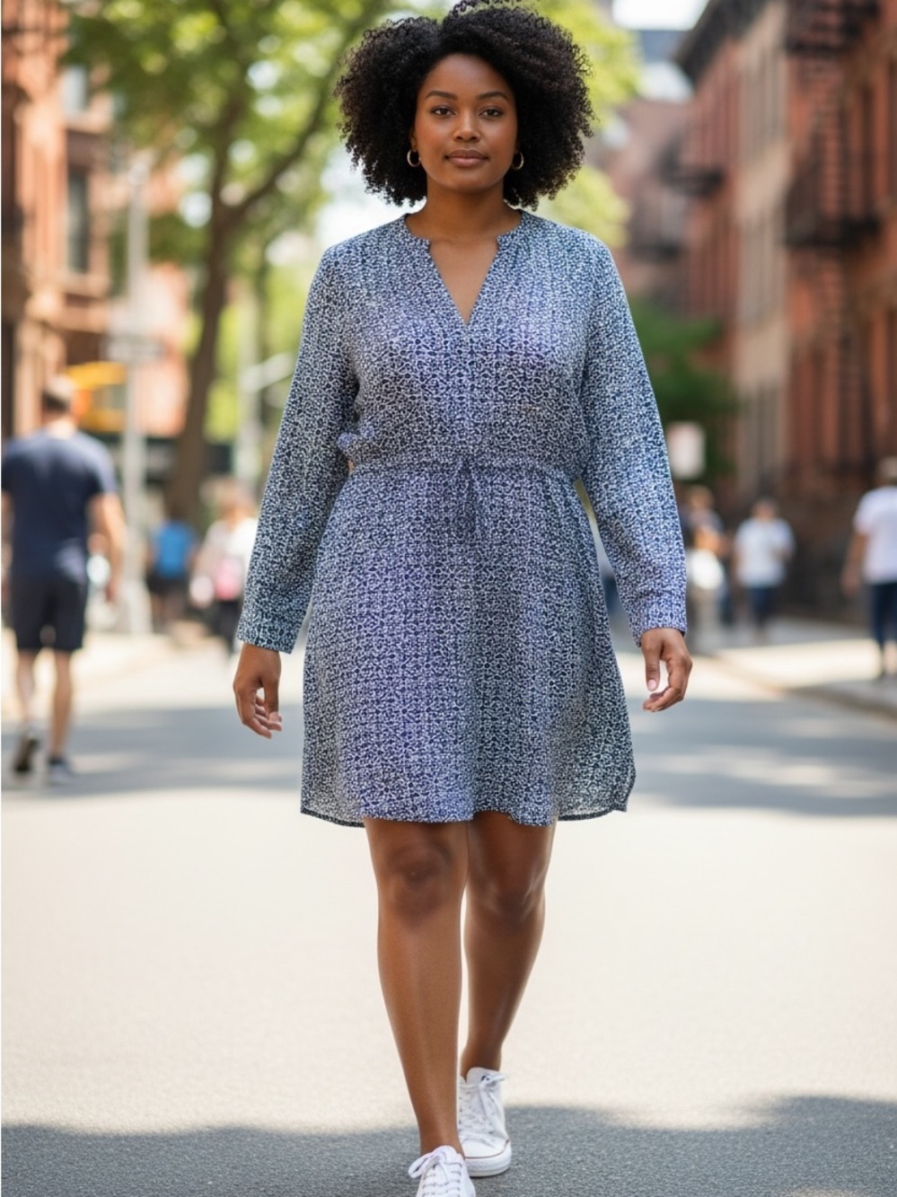 LOFT Blue White Geometric Mosaic V-Neck Drawstring Waist Shirt Dress | L